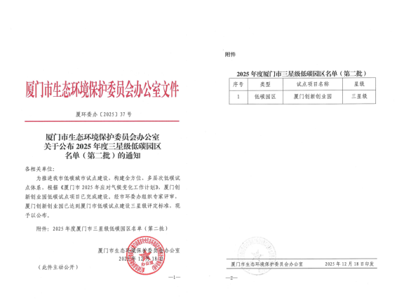 成功创建厦门市三星级低碳园区